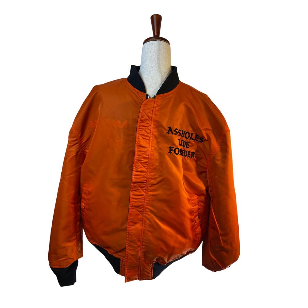 ALF LINDA Finegold Black Orange White Men's Bomber Puffer Jacket Slogan - Picture 2 of 8